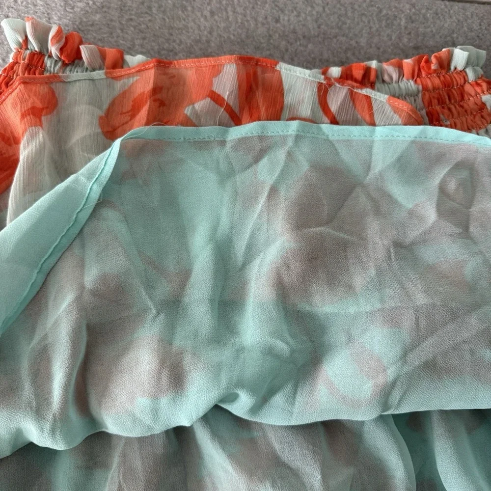 New Olivaceous Coral Blue Tiered Ruffle Skirt Smocked Top Set Womens Small